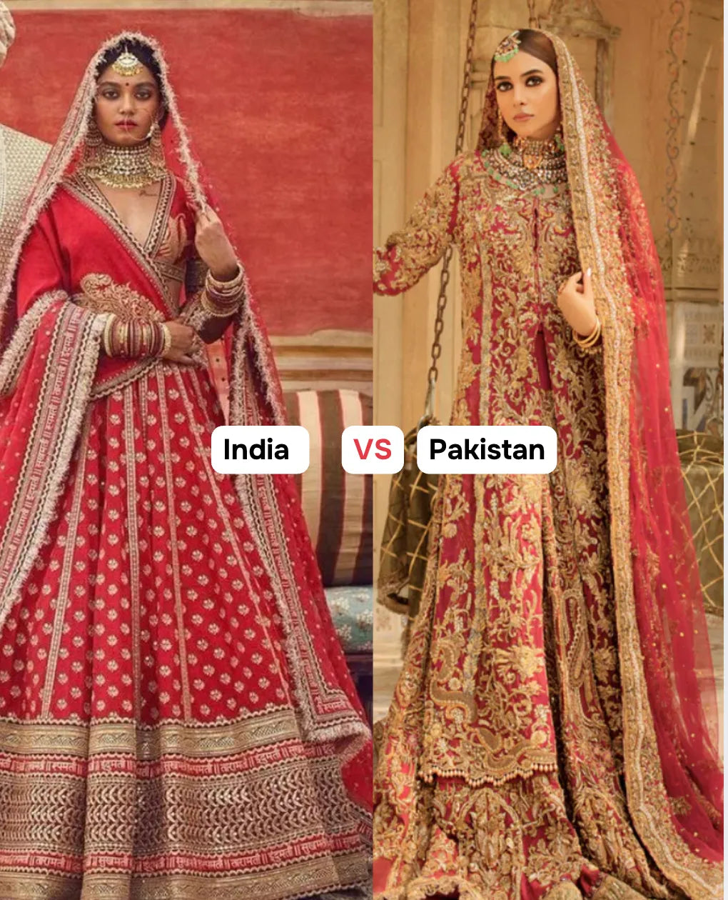 Side by side comparison of Indian and Pakistani formal wear showing distinct styling differences