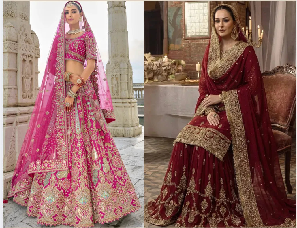 Comparison of Pakistani sharara and Indian lehenga silhouettes showing distinct styling differences