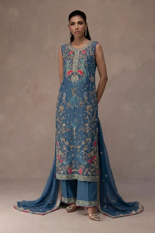 Azure blue Pakistani silk jora set Mehvish, hand-embroidered by AÏNN London