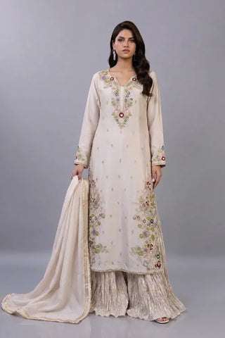 Off white Pakistani jora with sharara Yasmeen, hand-embroidered by AÏNN London