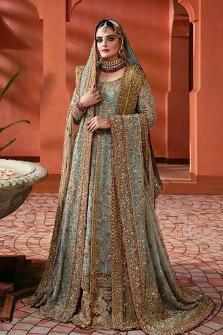 Ice blue Pakistani farshi lengha Sonia Siren in Banarsi silk by AÏNN London