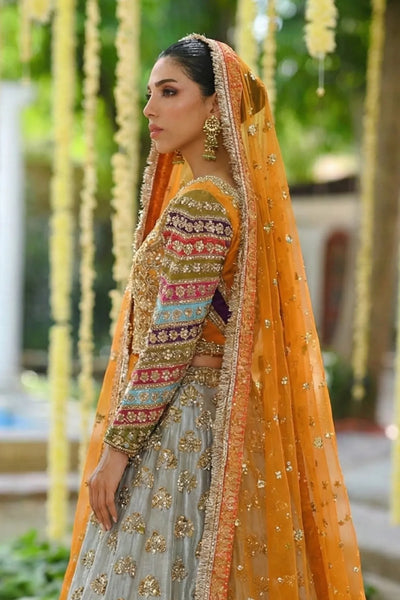mehndi multi colour lengha tissue fabric silk Pakistani bridal AÏNN London