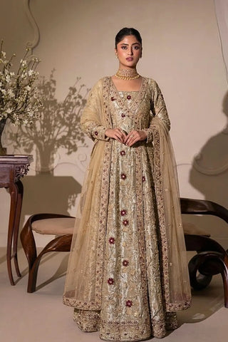 Vanilla cream Pakistani silk maxi Haleema with maroon zardozi by AÏNN London