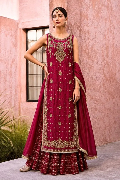 Magenta silk lehnga Insha with embroidered kameez by AÏNN London