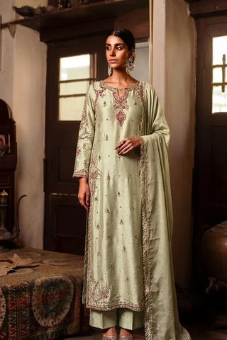 Pistachio green silk jora set Mehrooz with gold embroidery by AÏNN London