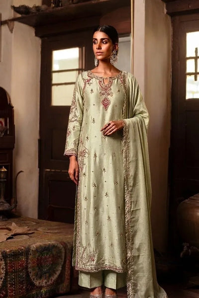 Pistachio green silk jora set Mehrooz with gold embroidery by AÏNN London
