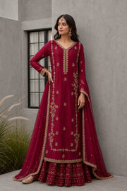 Red silk jora set Simran with gold embroidery by AÏNN London