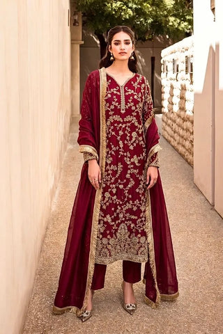 Maroon silk jora set Sofia with gold embroidery by AÏNN London