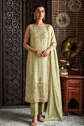 Pistachio green silk jora set Zohra with gold embroidery by AÏNN London